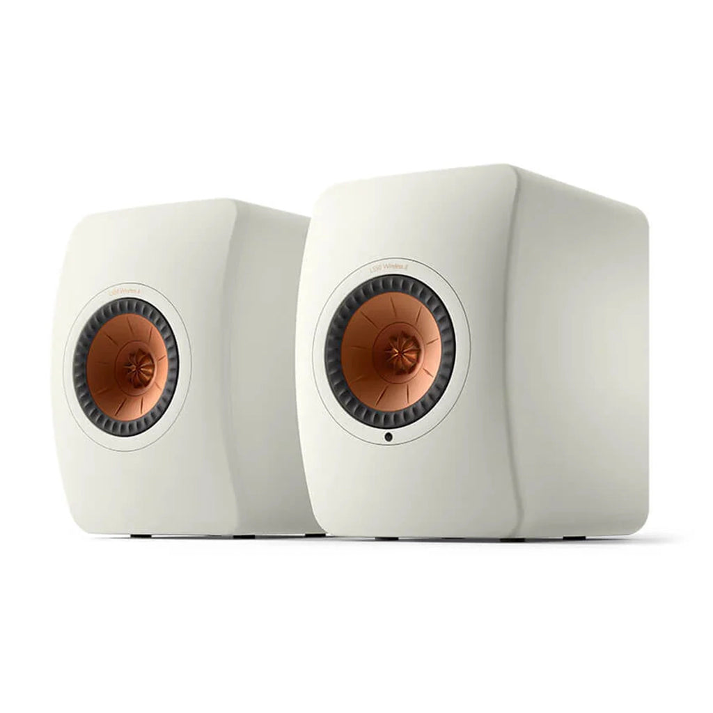 Pair of white speakers with copper accents, KEF LS50 Wireless II Active Hi-Fi Speakers