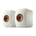 Pair of white speakers with copper accents, KEF LS50 Wireless II Active Hi-Fi Speakers
