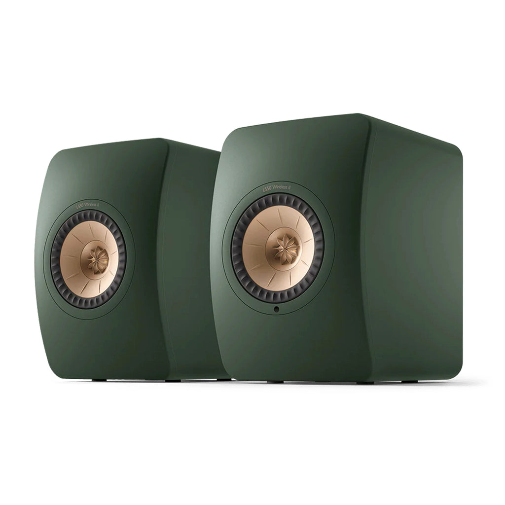 Pair of green speakers with gold centers, KEF LS50 Wireless II Active Hi-Fi Speakers