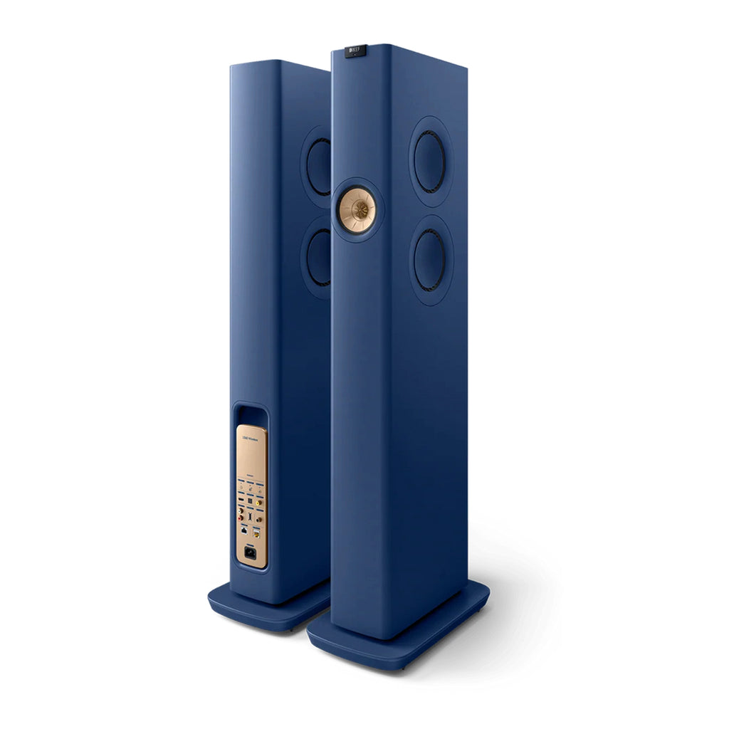 Pair of blue floor-standing speakers, KEF LS60 Wireless Active Floorstanding Speakers 