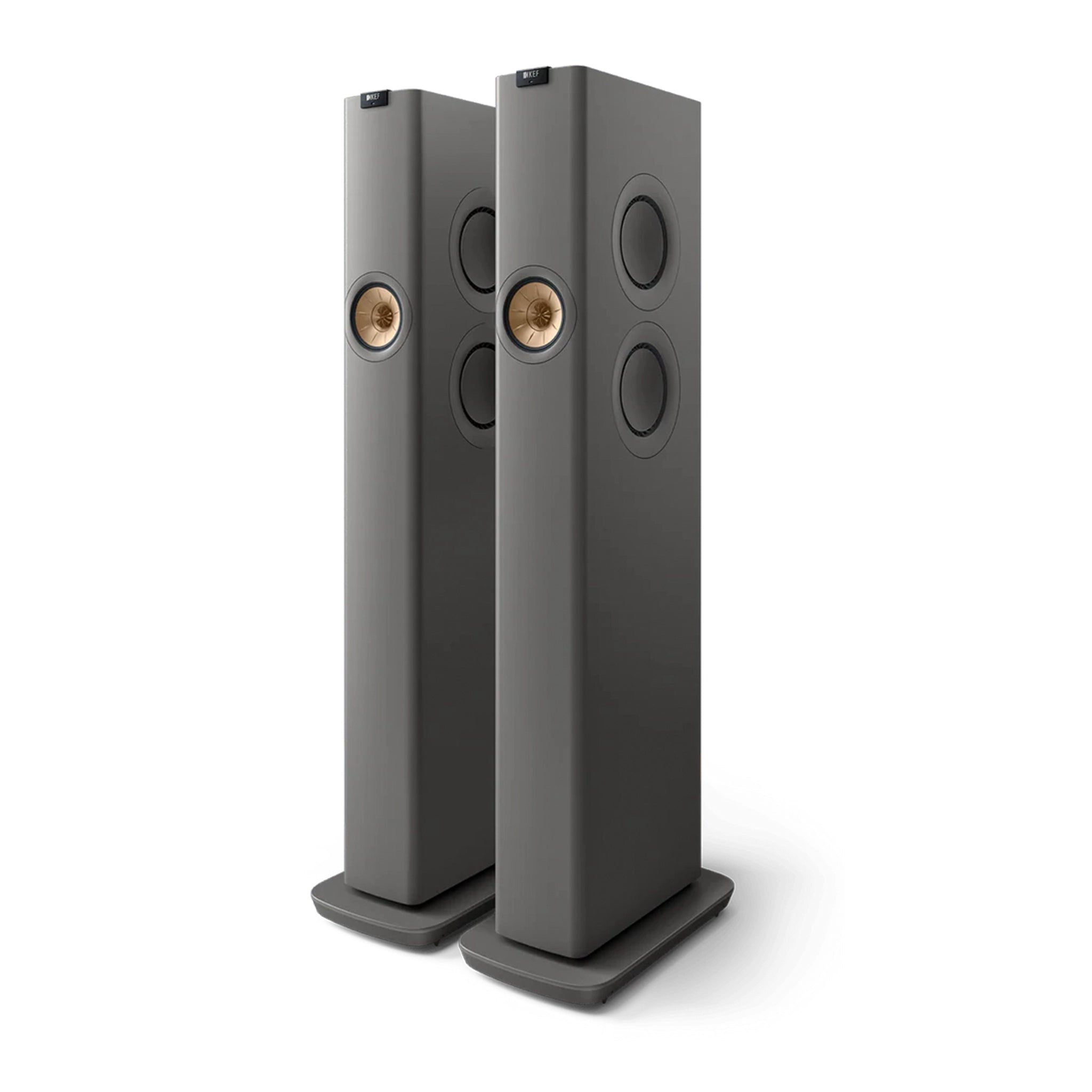 Pair of gray floor-standing speakers, KEF LS60 Wireless Active Floorstanding Speakers 