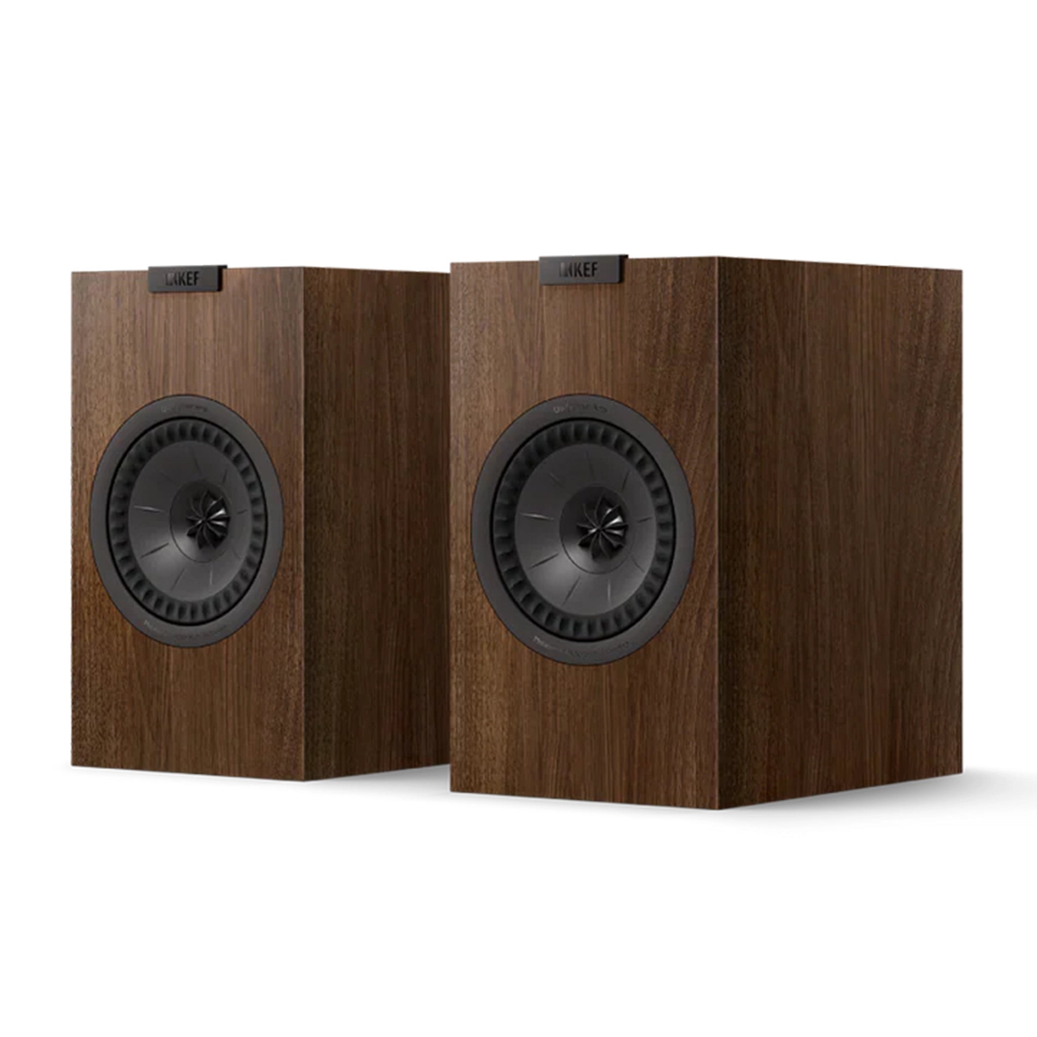 Pair of wooden speakers with black grills, KEF Q1 Meta Bookshelf Speakers