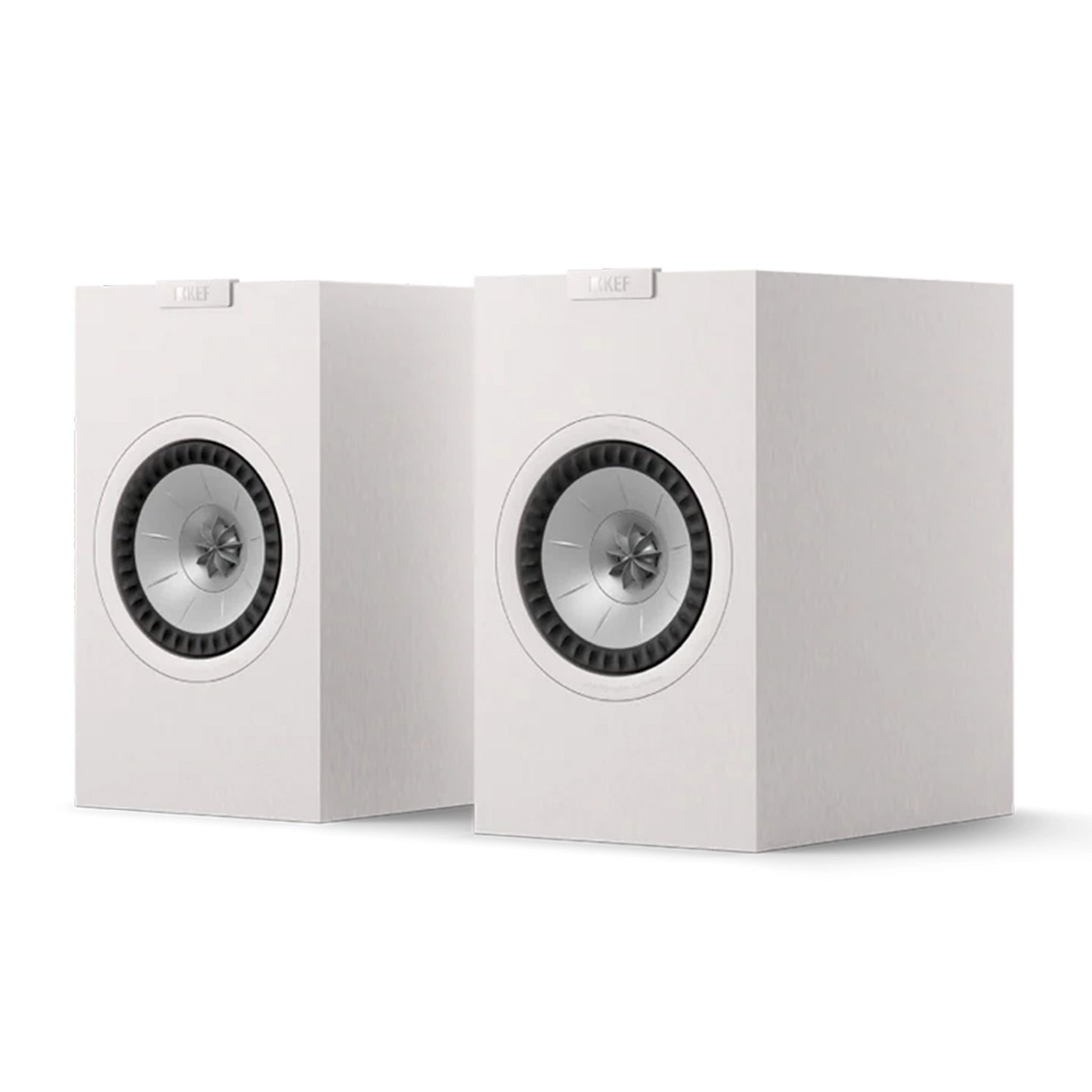 Pair of white speakers with black driver units, KEF Q1 Meta Bookshelf Speakers
