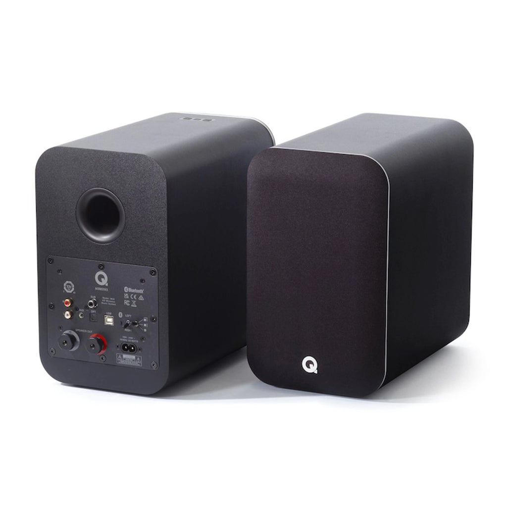 Pair of black speakers, Q Acoustics M20 Powered Wireless Music System